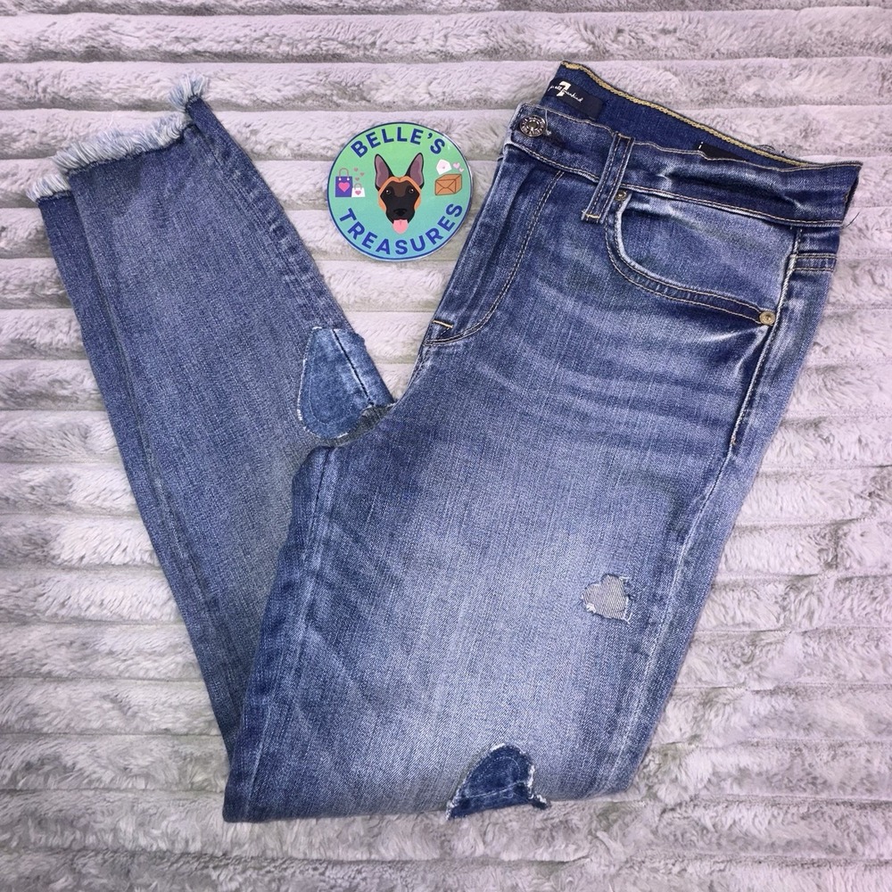 7 For All Mankind Sz 30 High Waist Ankle Skinny Indigo Heart Patchwork Stretch